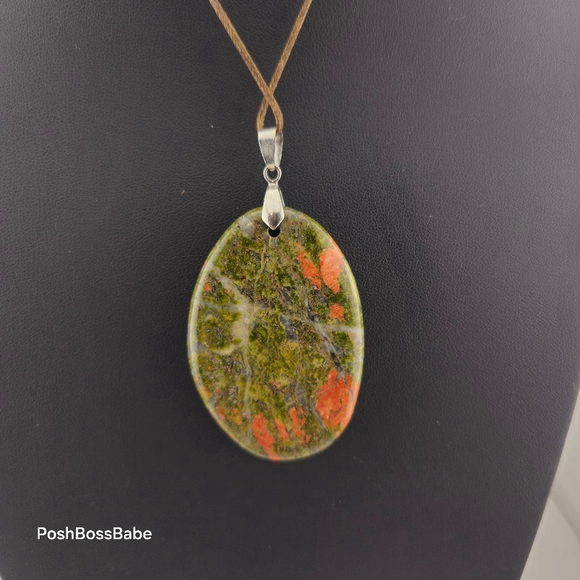 Unikite Carved Drop Pendant Natural Stone 2 inches on 24 inch Brown Cord - Picture 5 of 7